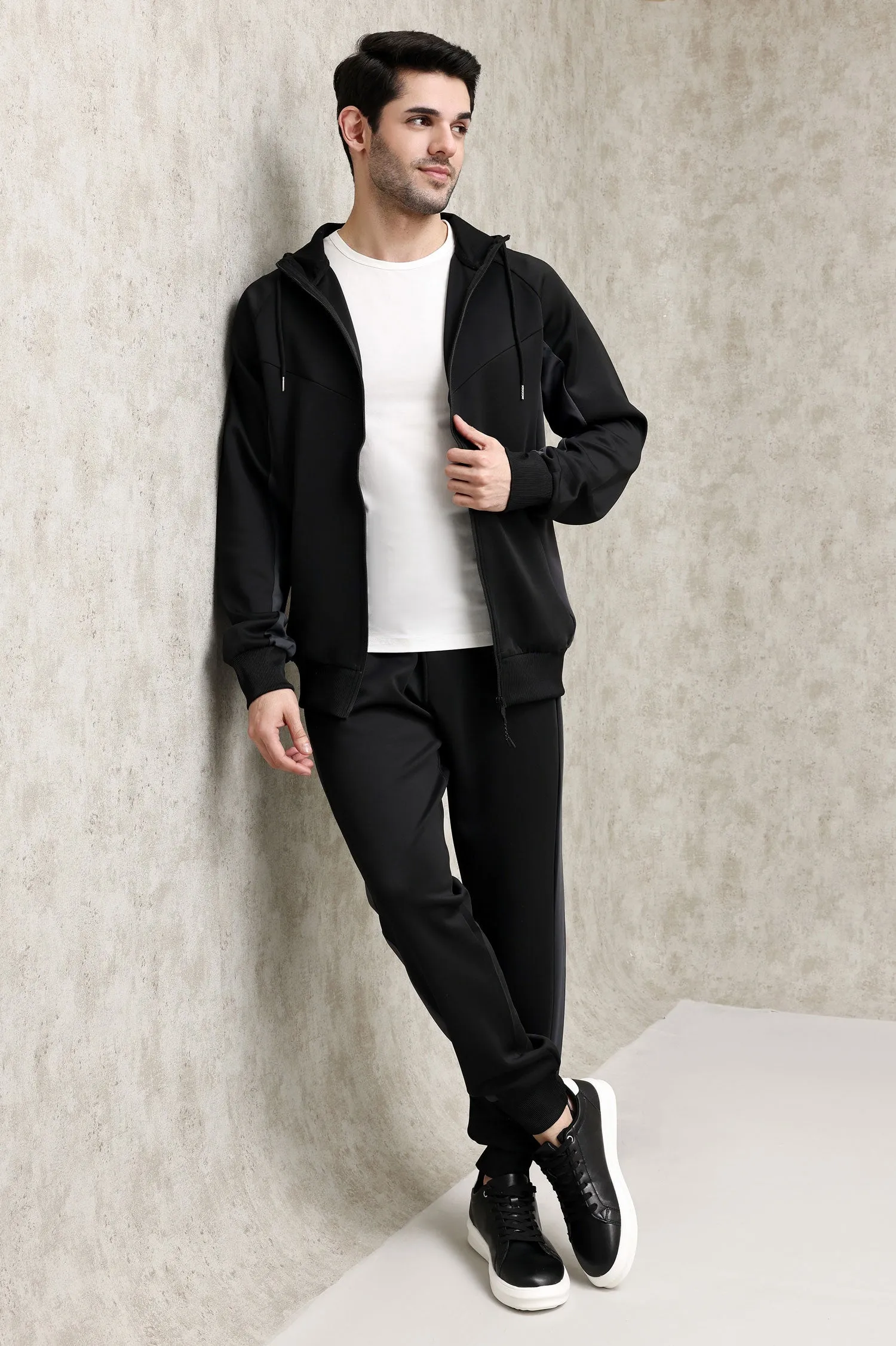 FULL-ZIP TRACKSUIT WITH CONTRAST PANEL DESIGN-BLACK-DARK-GREY