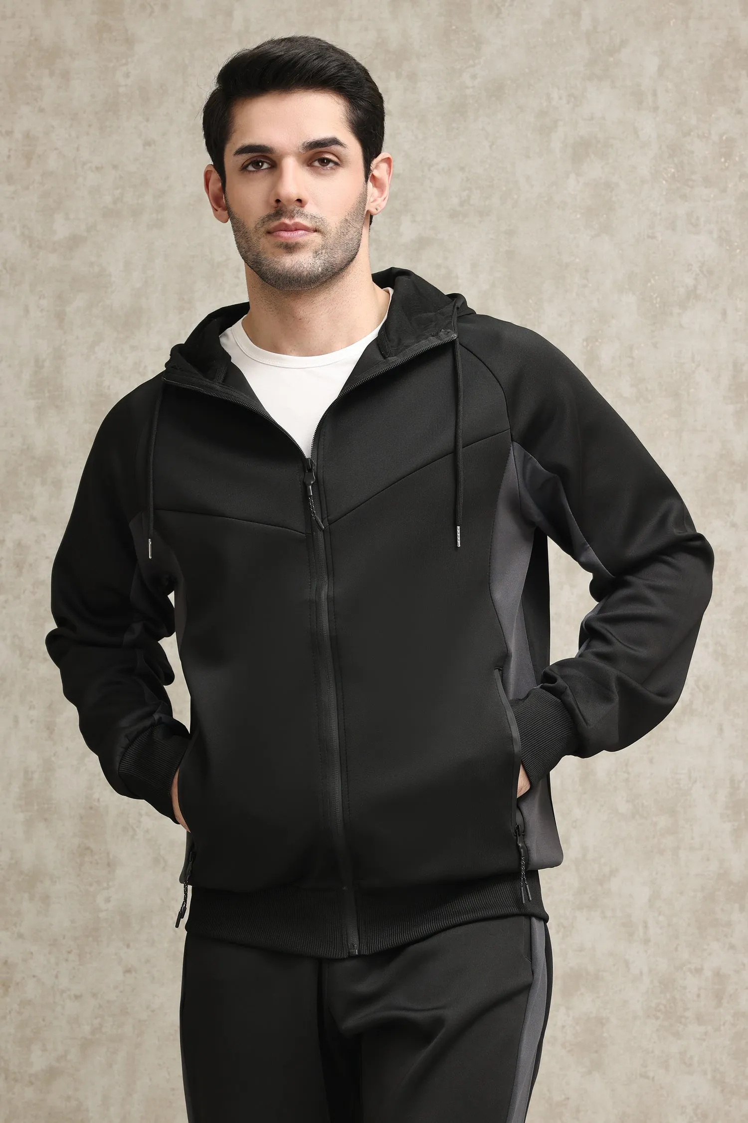 FULL-ZIP TRACKSUIT WITH CONTRAST PANEL DESIGN-BLACK-DARK-GREY