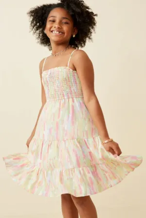 Girls Watercolor Print Smocked Tiered Tank Dress