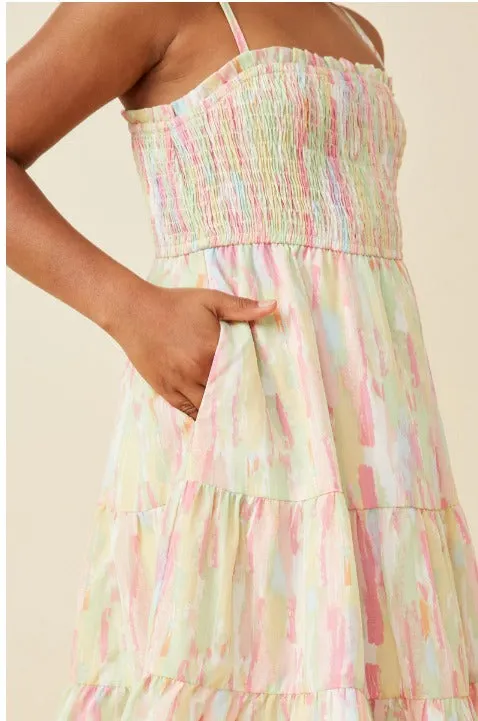 Girls Watercolor Print Smocked Tiered Tank Dress