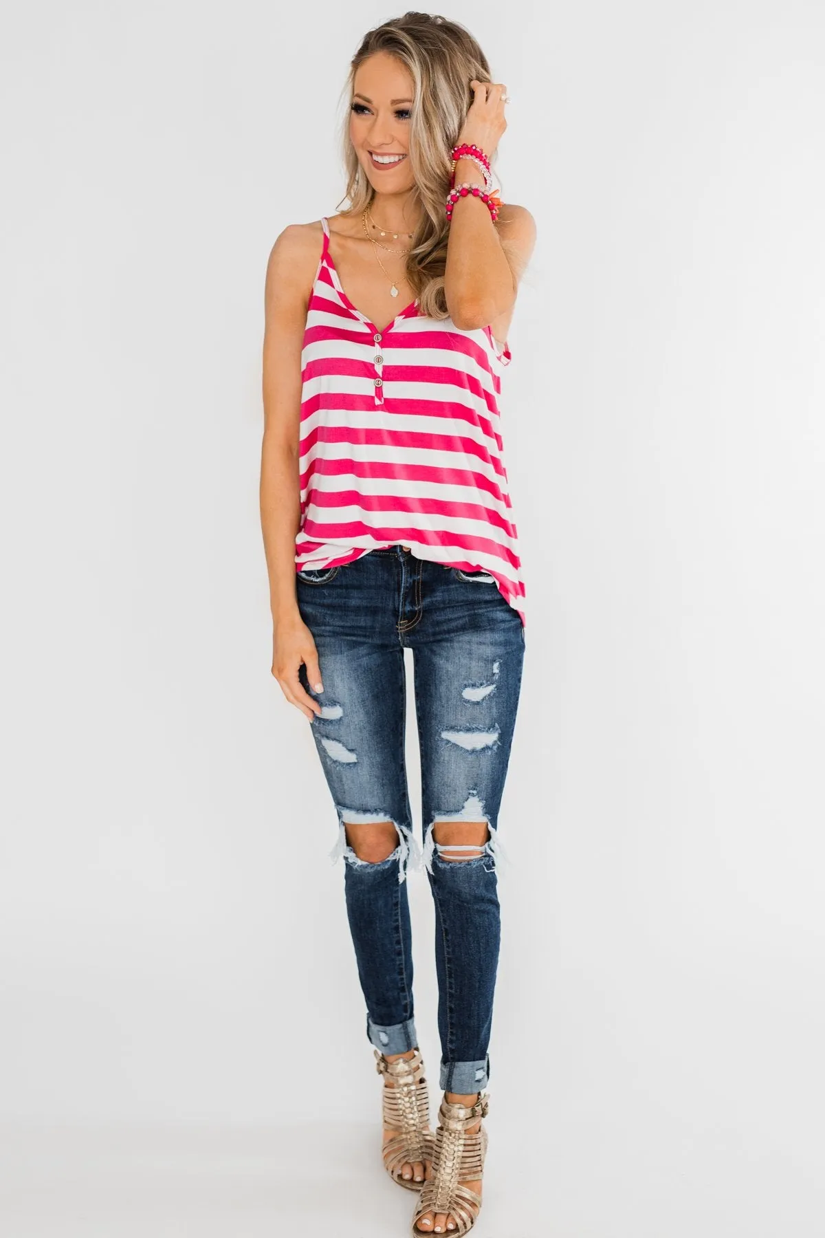 Give It To Me Striped Tank Top- Hot Pink