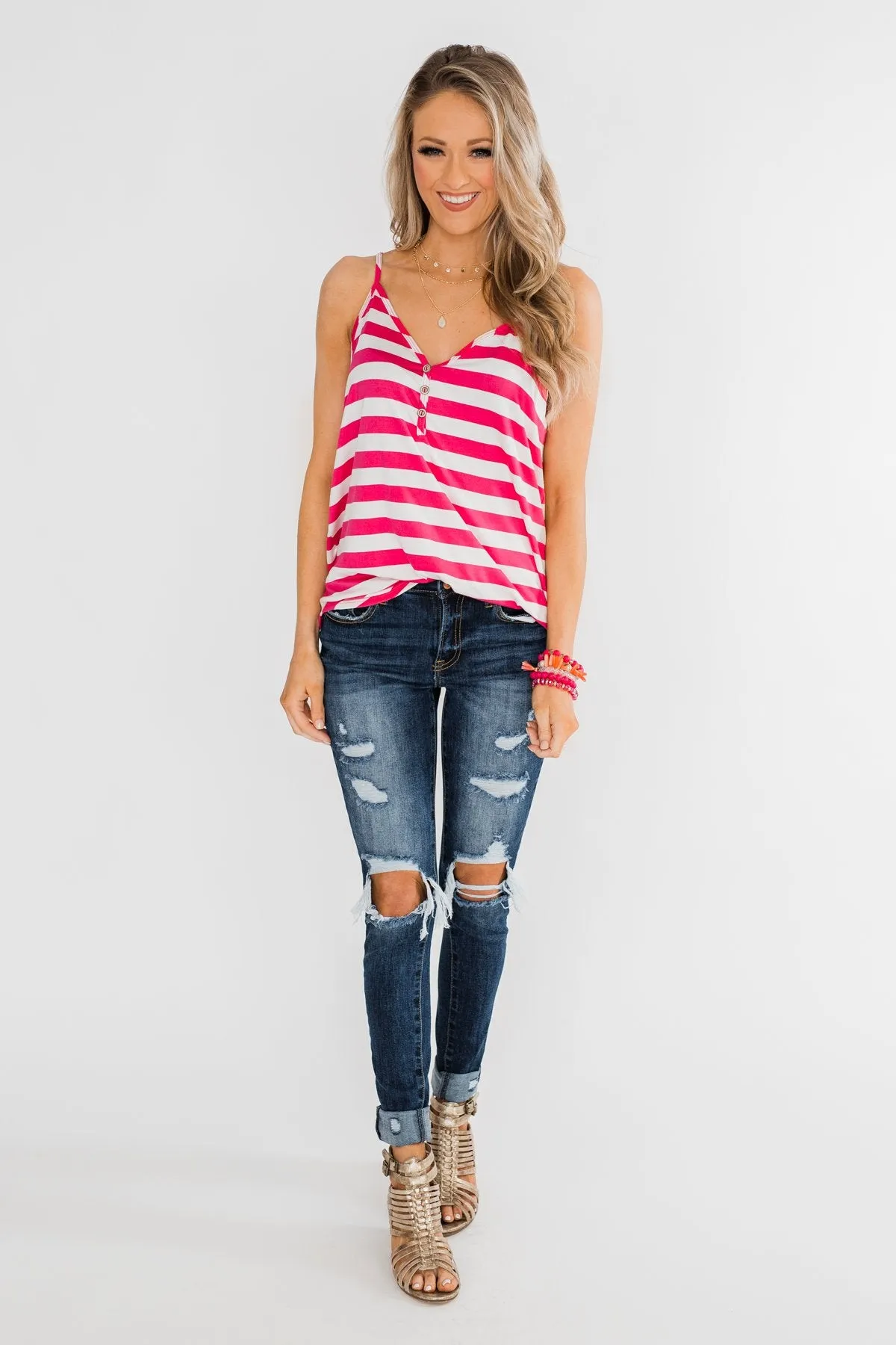 Give It To Me Striped Tank Top- Hot Pink