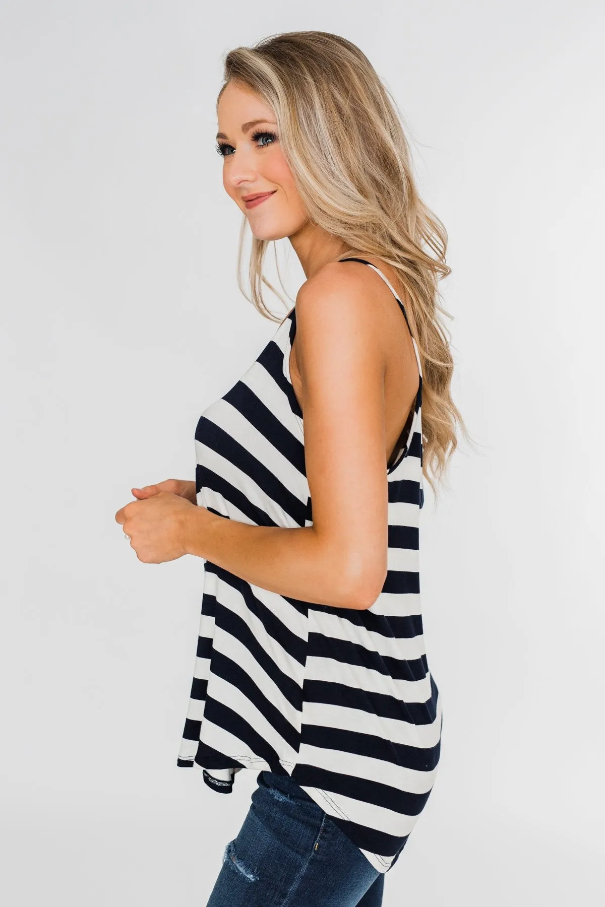 Give It To Me Striped Tank Top- Navy
