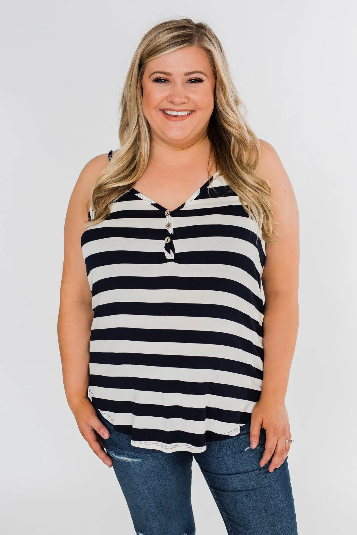 Give It To Me Striped Tank Top- Navy
