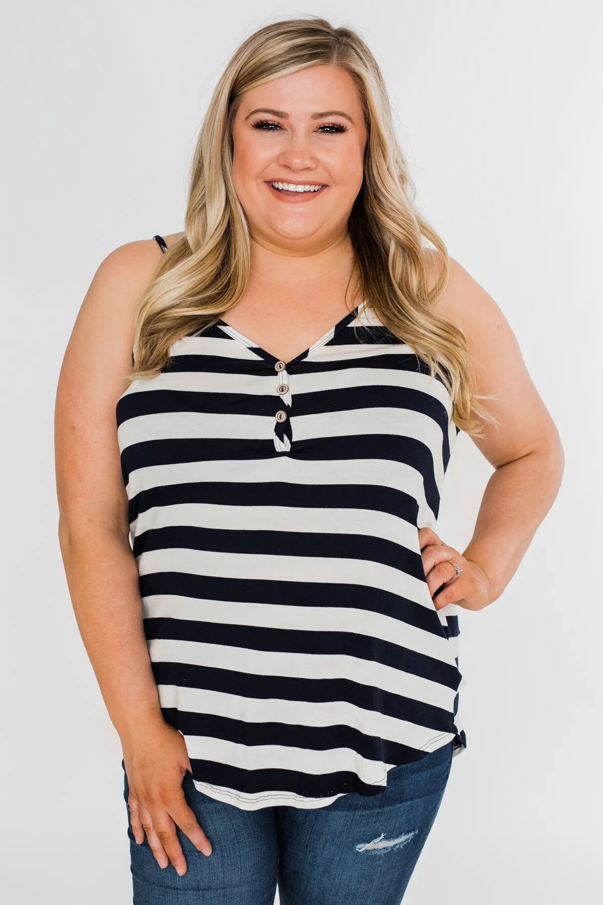 Give It To Me Striped Tank Top- Navy