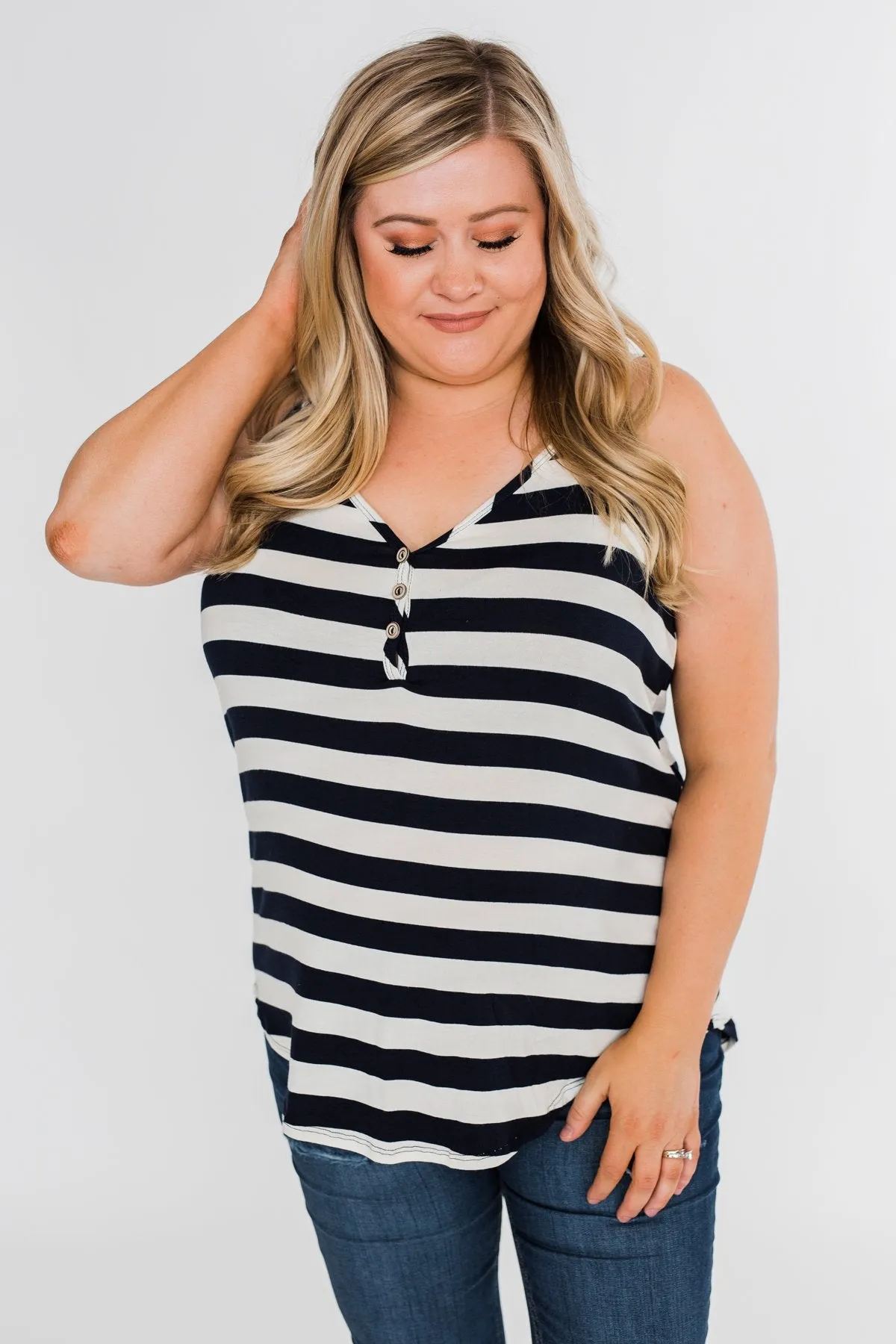 Give It To Me Striped Tank Top- Navy