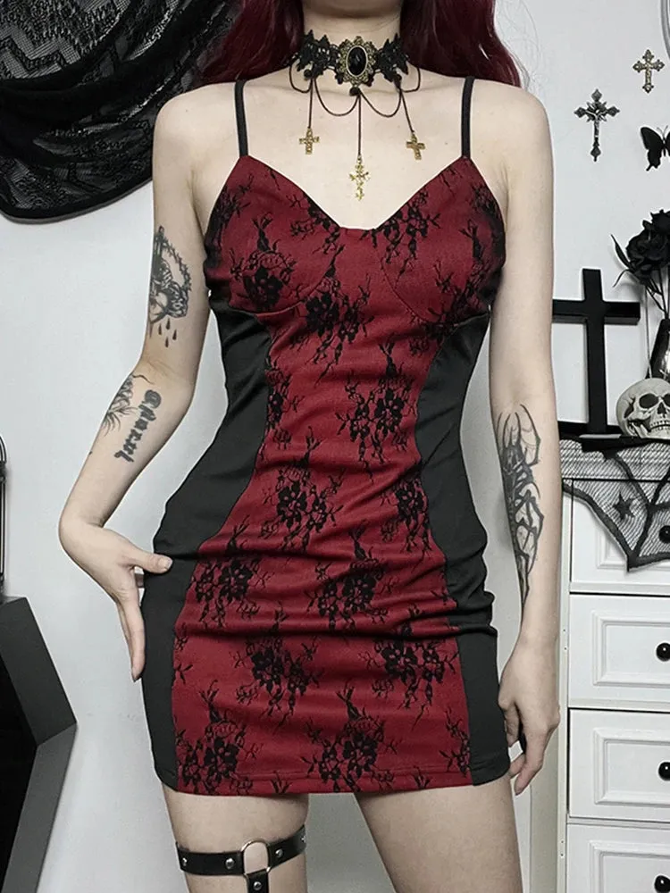 Gothic Spaghetti Strap Bodycon Flare Sleeve Crop Tops Dress