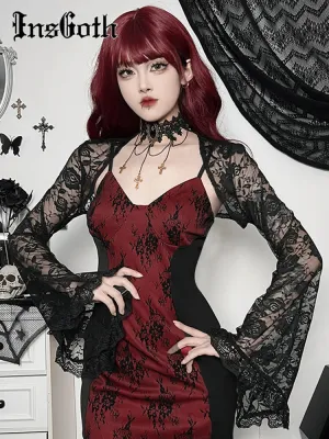 Gothic Spaghetti Strap Bodycon Flare Sleeve Crop Tops Dress