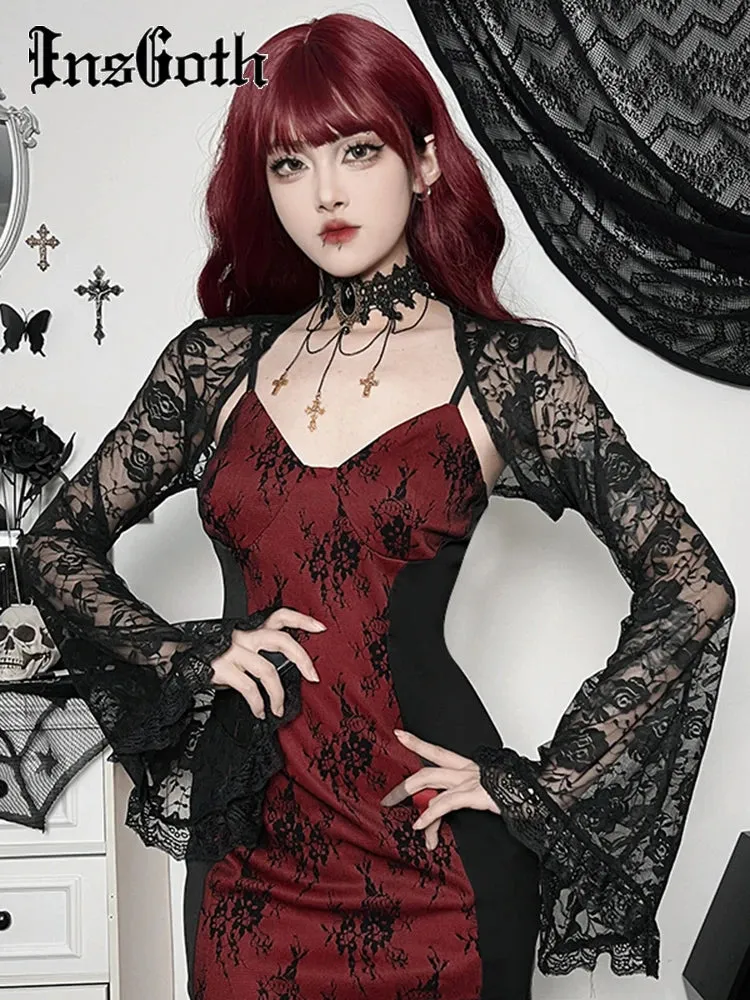 Gothic Spaghetti Strap Bodycon Flare Sleeve Crop Tops Dress