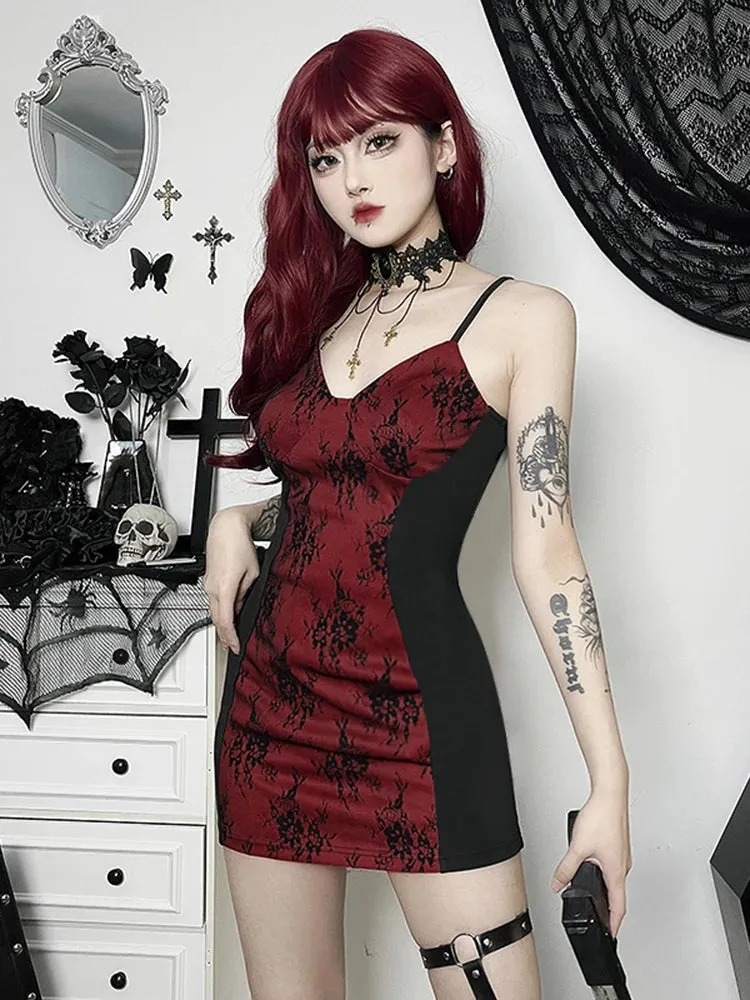 Gothic Spaghetti Strap Bodycon Flare Sleeve Crop Tops Dress