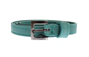 Green Leather Silver Buckle Logo Belt