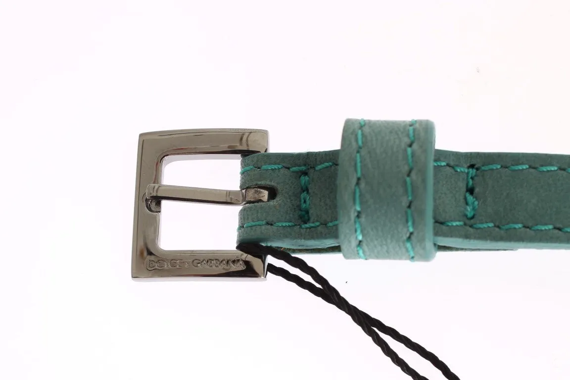 Green Leather Silver Buckle Logo Belt