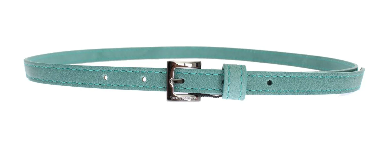 Green Leather Silver Buckle Logo Belt