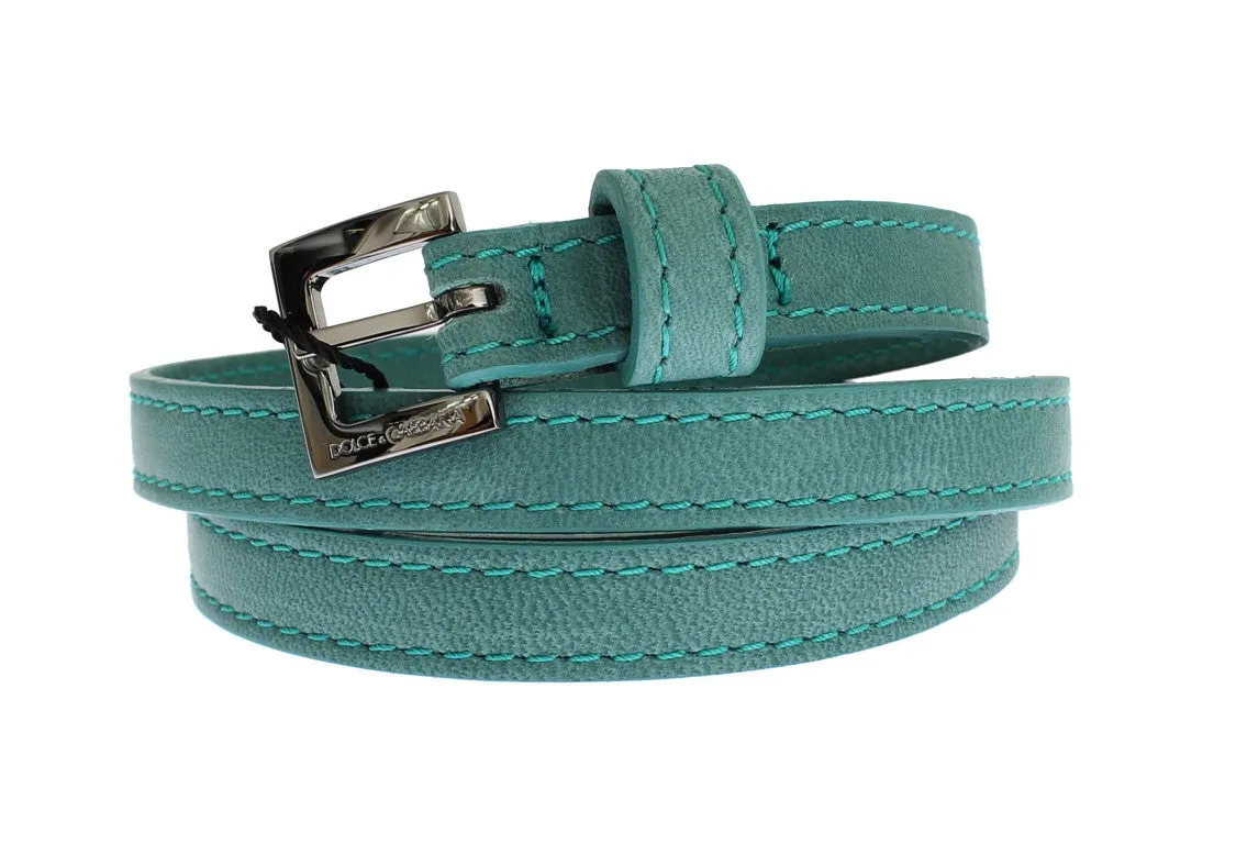 Green Leather Silver Buckle Logo Belt