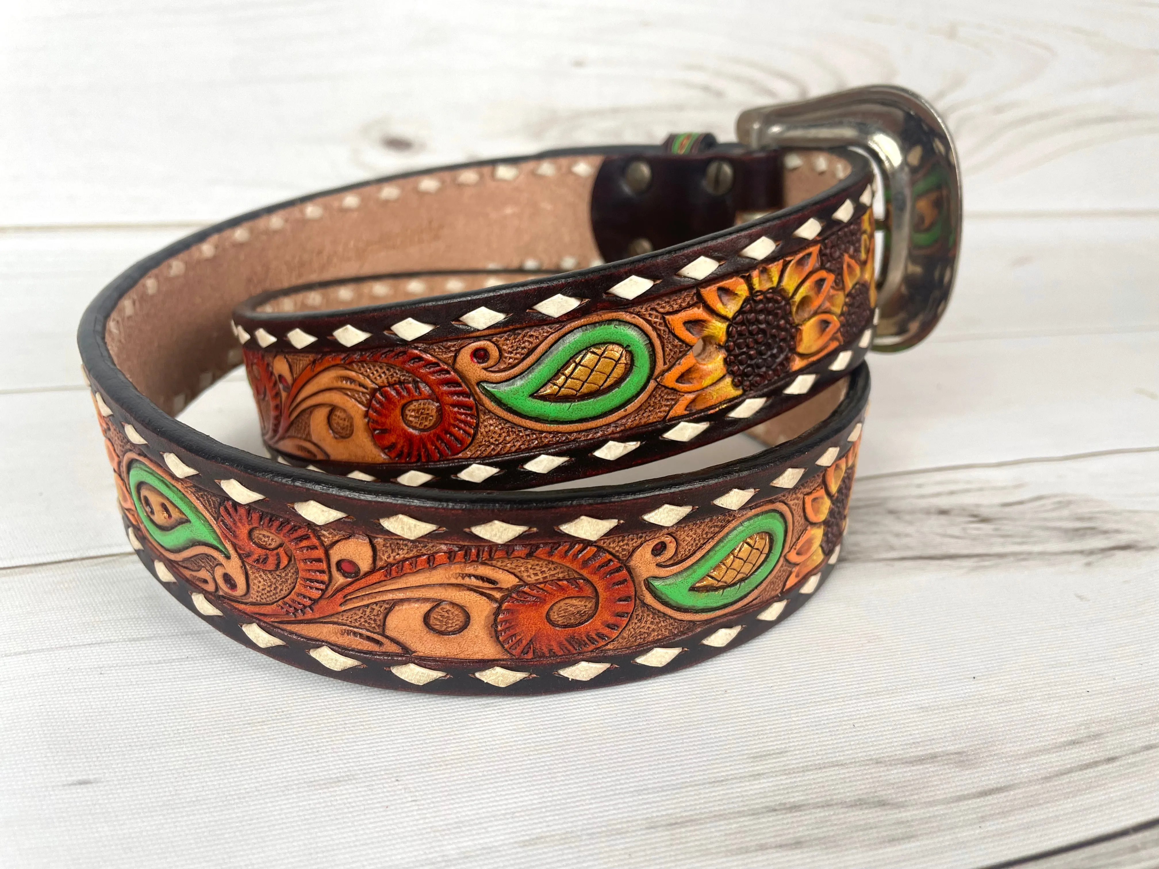 Green Paisley Sunflower Painted and Tooled Leather Woman’s Belt