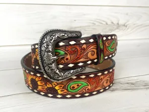 Green Paisley Sunflower Painted and Tooled Leather Woman’s Belt