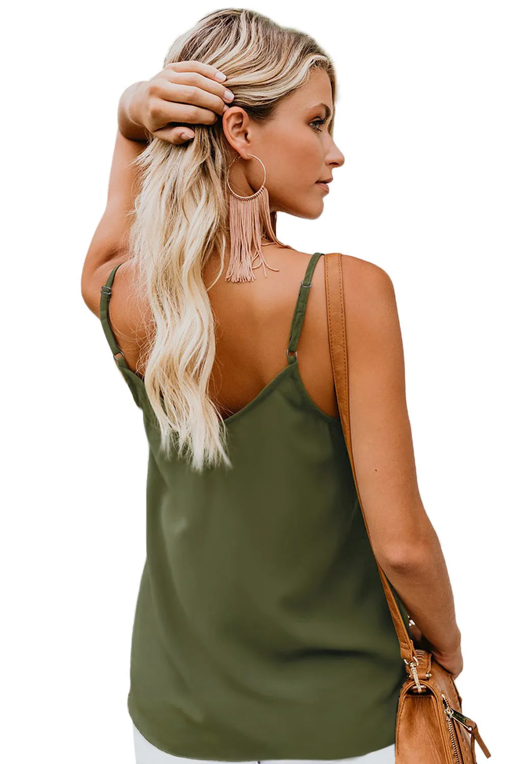 Green Spaghetti Strap Buttoned Tank Top