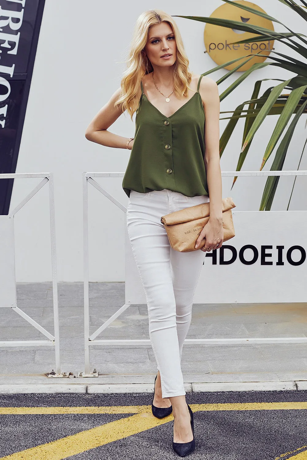 Green Spaghetti Strap Buttoned Tank Top