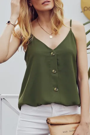 Green Spaghetti Strap Buttoned Tank Top