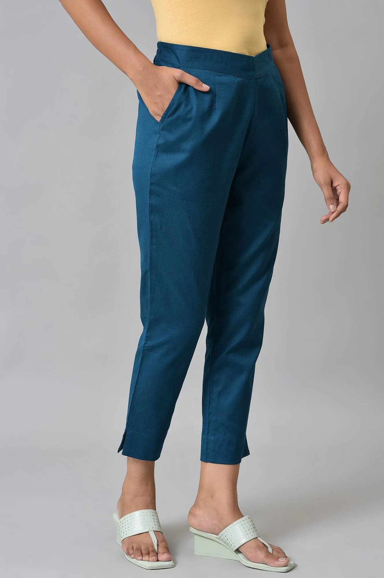 Green Yellow Cotton Flax Women'S Trousers