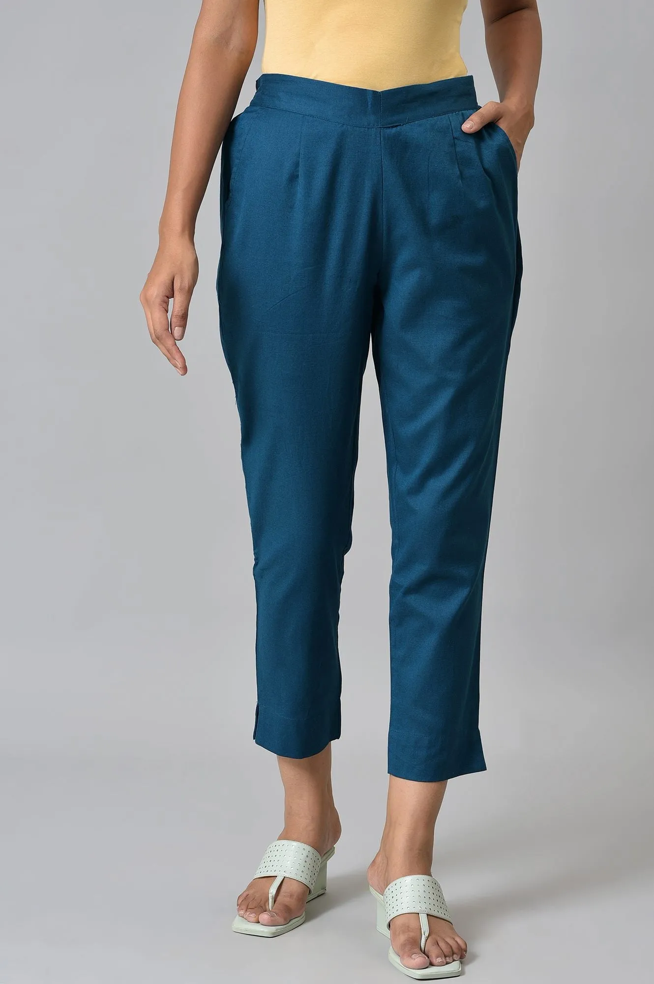 Green Yellow Cotton Flax Women'S Trousers
