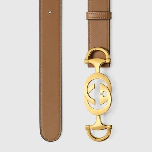 Gucci Leather Belt with Interlocking GG Horse bit Buckle in Taupe Brown