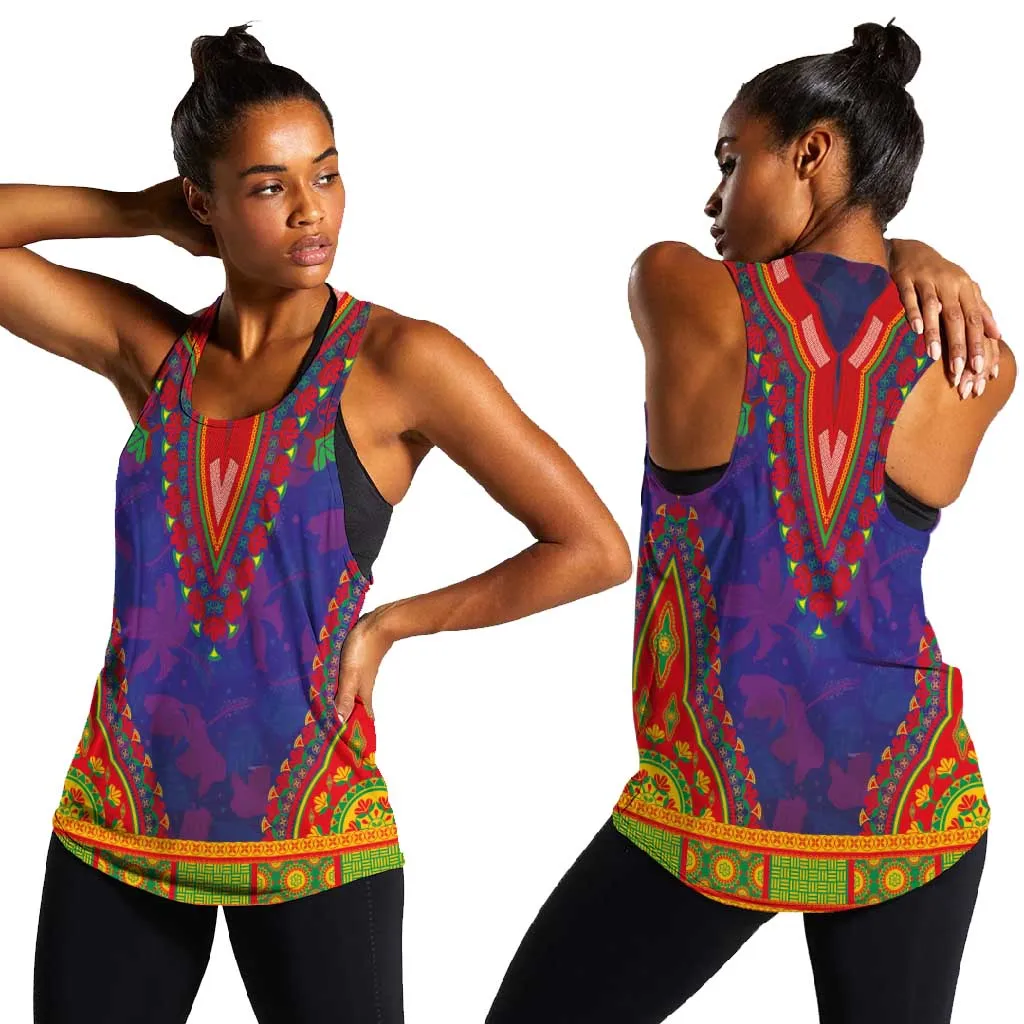 Haiti Women Racerback Tank Choeblack Dashiki Style Blue Color LT03