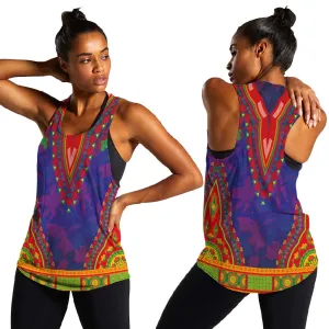 Haiti Women Racerback Tank Choeblack Dashiki Style Blue Color LT03
