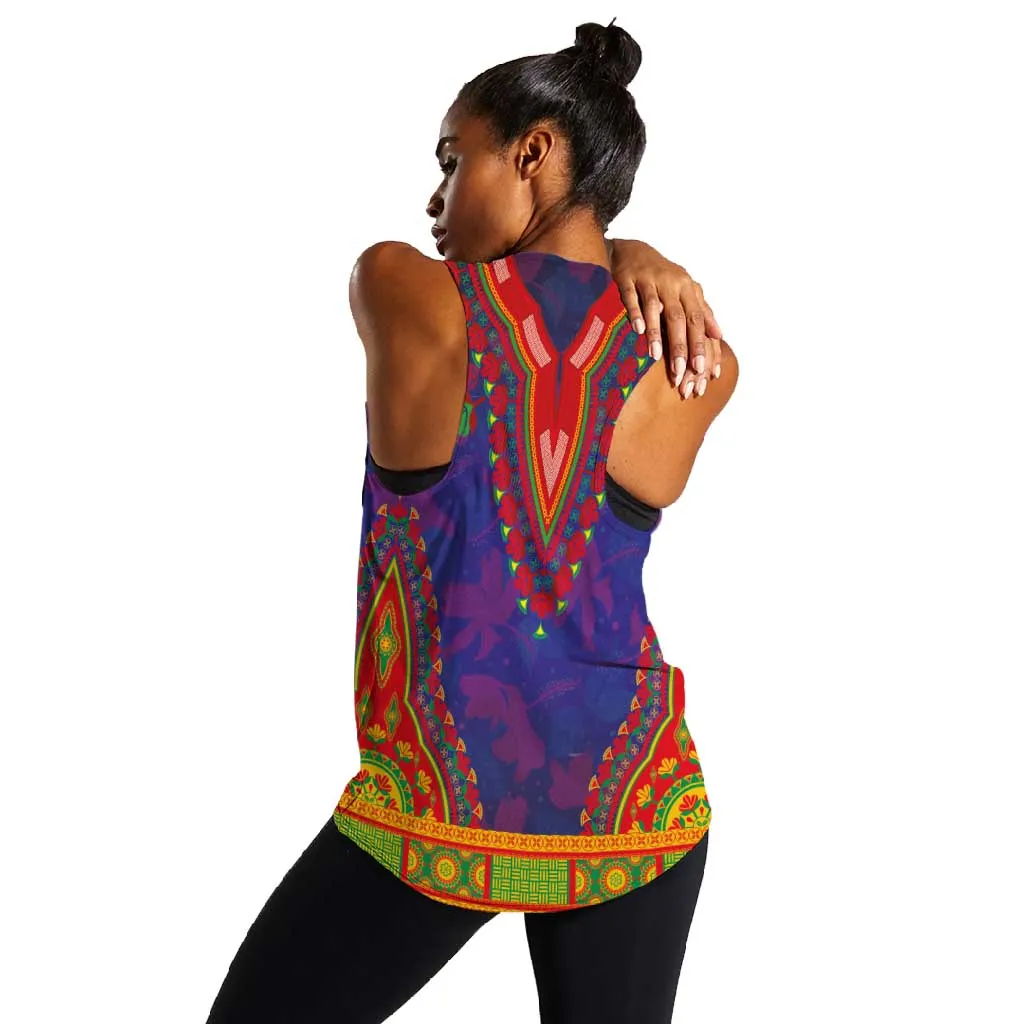 Haiti Women Racerback Tank Choeblack Dashiki Style Blue Color LT03