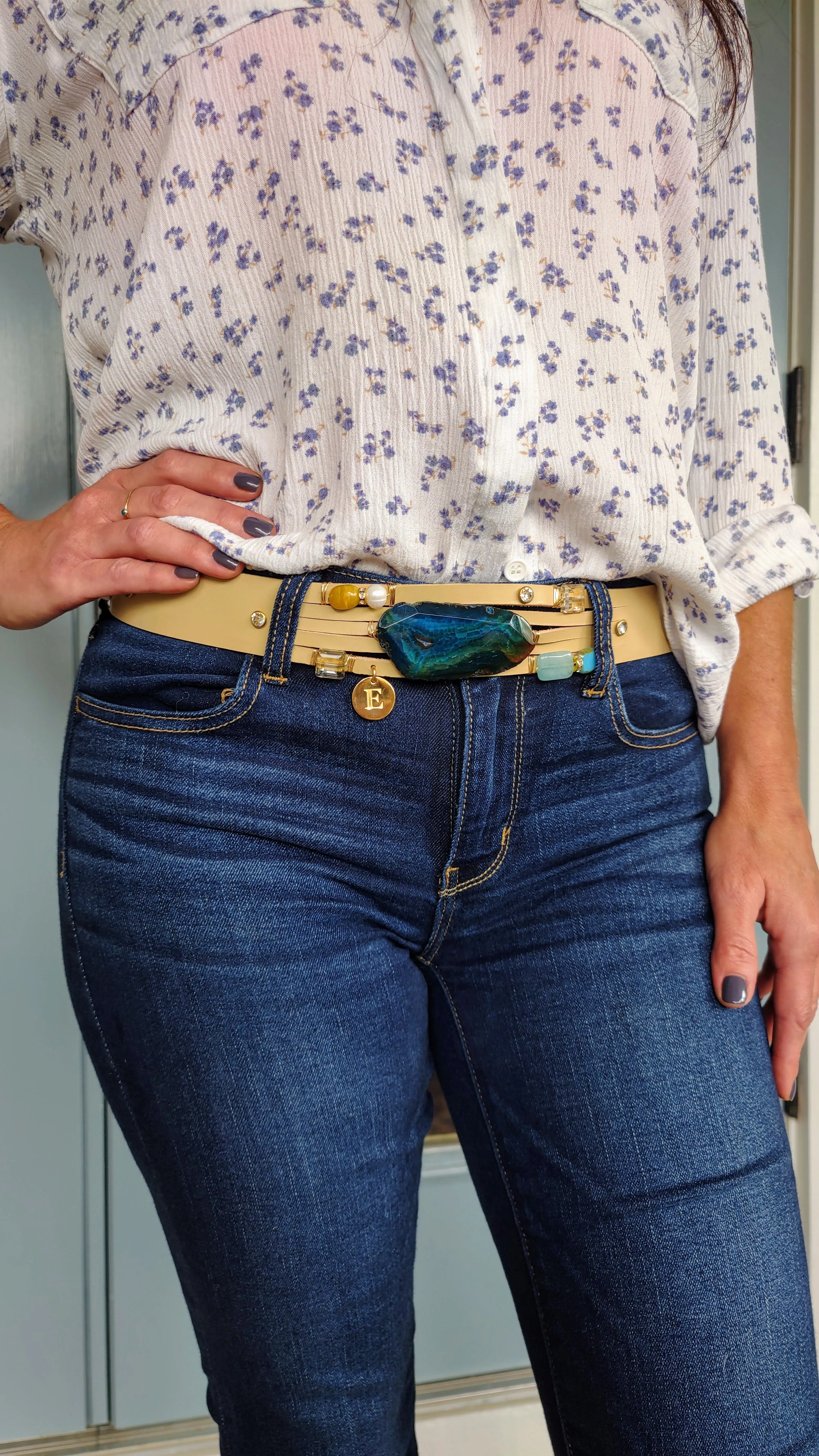 Handmade Leather Belt With Rhinestones, Gemstones, Blue Agate
