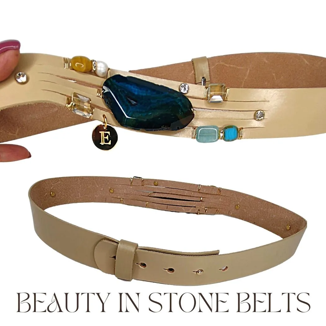 Handmade Leather Belt With Rhinestones, Gemstones, Blue Agate