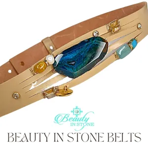 Handmade Leather Belt With Rhinestones, Gemstones, Blue Agate