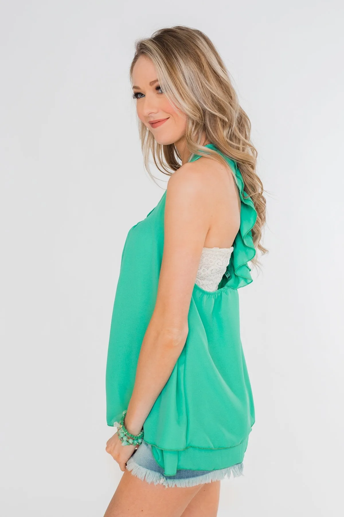 Happy Days Racerback Ruffle Tank Top- Teal