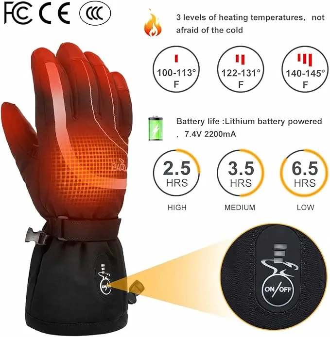 Heated Ski Gloves for Men Women Rechargeable Electric Winter Gloves with Touch Screen Windproof Thermal Gloves for Cycling Skiing Driving Climbing Hiking Camping Running Freezer Work Cold Hands