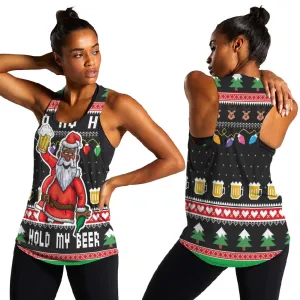 Ho Ho Ho Hold My Beer Santa Afro Women Racerback Tank Christmas Beer DT03