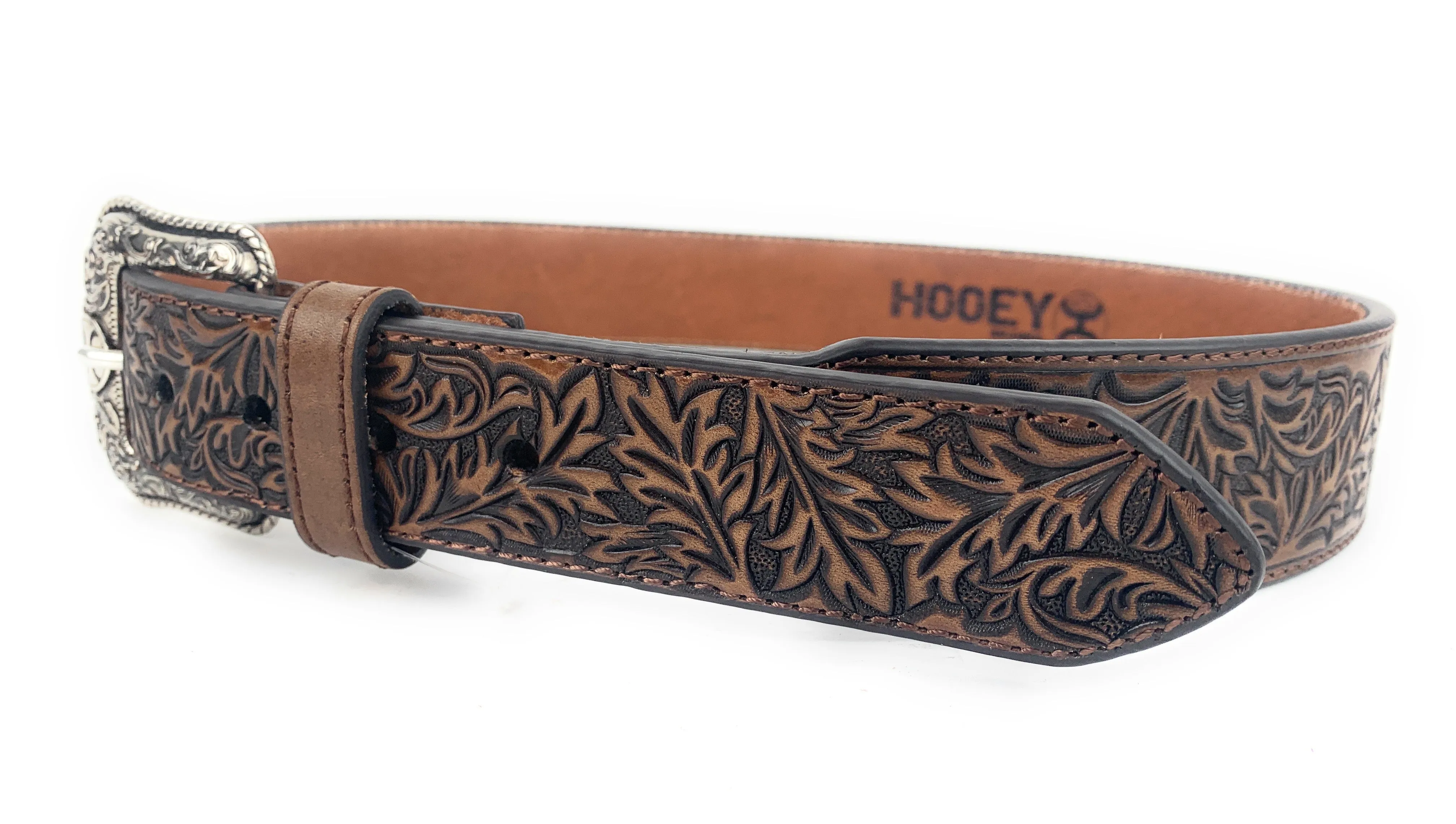 HOOEY Roughy Tapered Tooled Floral Pattern Leather Belt 1873BE9