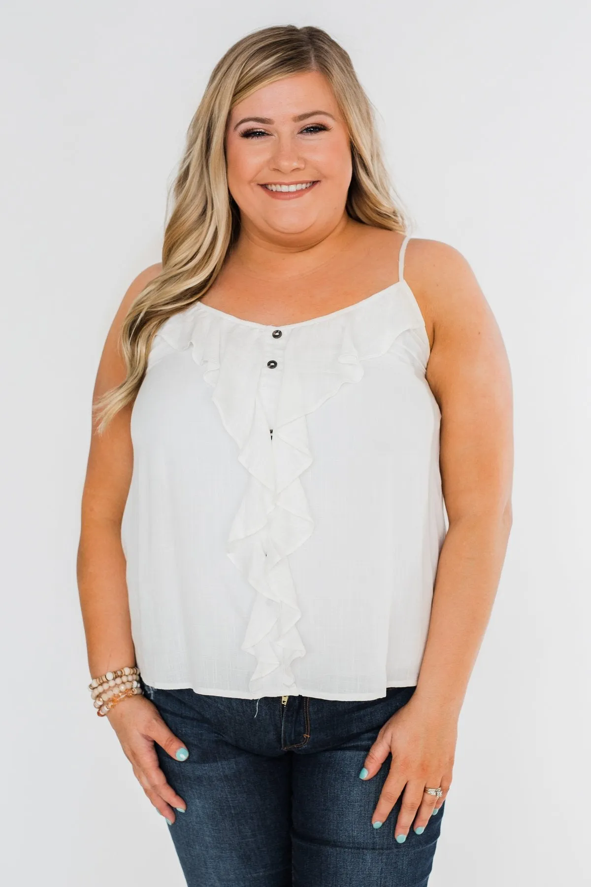 Ideal Situation Ruffle Tank Top- Ivory