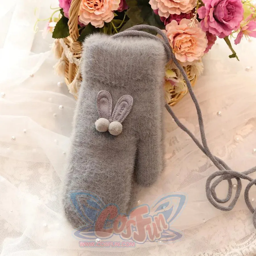 Ins Sister Cute Rabbit Ears Fuzzy Pure Color Fleece Knitted Warm Gloves