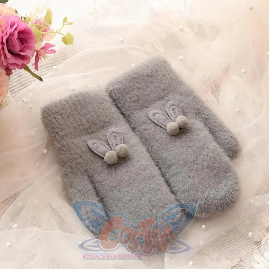 Ins Sister Cute Rabbit Ears Fuzzy Pure Color Fleece Knitted Warm Gloves