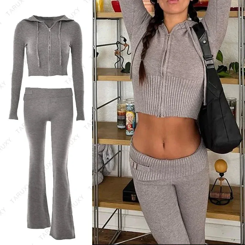 JazzHer 2024 Fall Fashion Women Spring Outfits Casual Zipper Sweater Hoodie Set High Waist Flare Pants Suits Pink Knitted Womens Y2k Two Piece Set