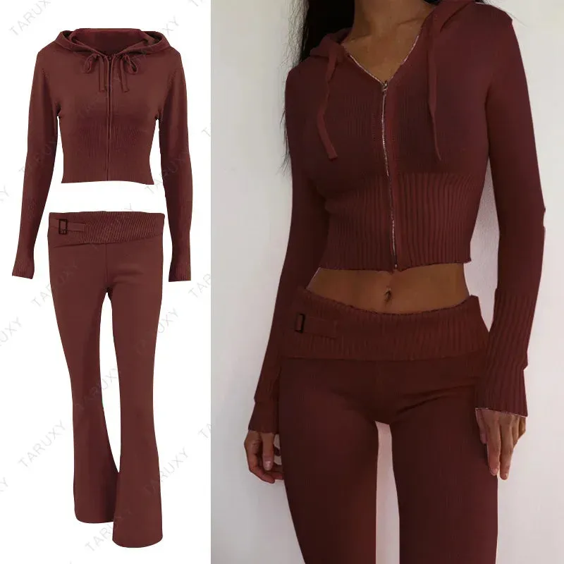 JazzHer 2024 Fall Fashion Women Spring Outfits Casual Zipper Sweater Hoodie Set High Waist Flare Pants Suits Pink Knitted Womens Y2k Two Piece Set