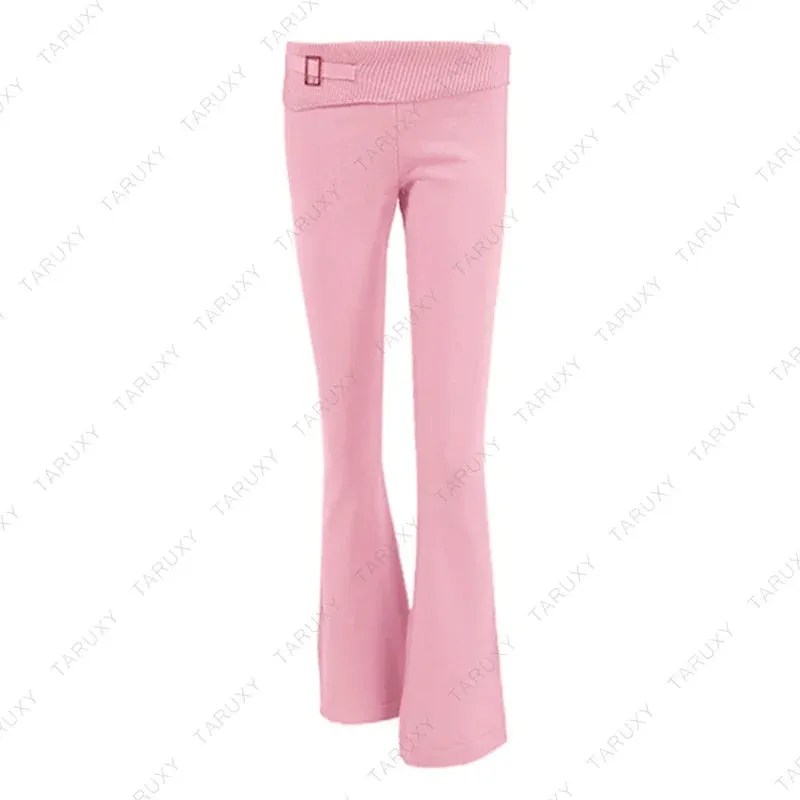 JazzHer 2024 Fall Fashion Women Spring Outfits Casual Zipper Sweater Hoodie Set High Waist Flare Pants Suits Pink Knitted Womens Y2k Two Piece Set