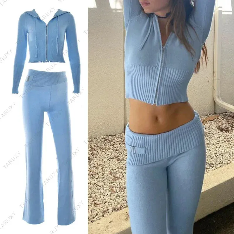 JazzHer 2024 Fall Fashion Women Spring Outfits Casual Zipper Sweater Hoodie Set High Waist Flare Pants Suits Pink Knitted Womens Y2k Two Piece Set