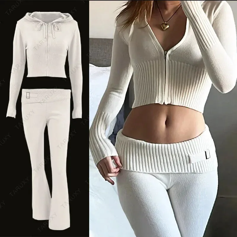 JazzHer 2024 Fall Fashion Women Spring Outfits Casual Zipper Sweater Hoodie Set High Waist Flare Pants Suits Pink Knitted Womens Y2k Two Piece Set