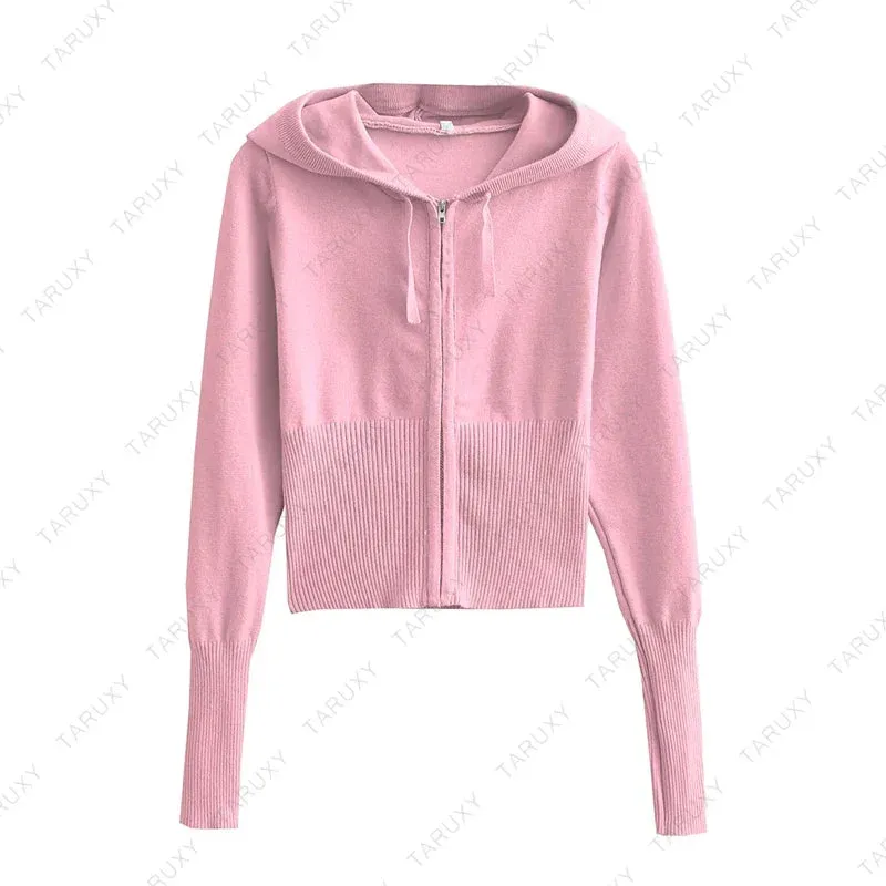 JazzHer 2024 Fall Fashion Women Spring Outfits Casual Zipper Sweater Hoodie Set High Waist Flare Pants Suits Pink Knitted Womens Y2k Two Piece Set