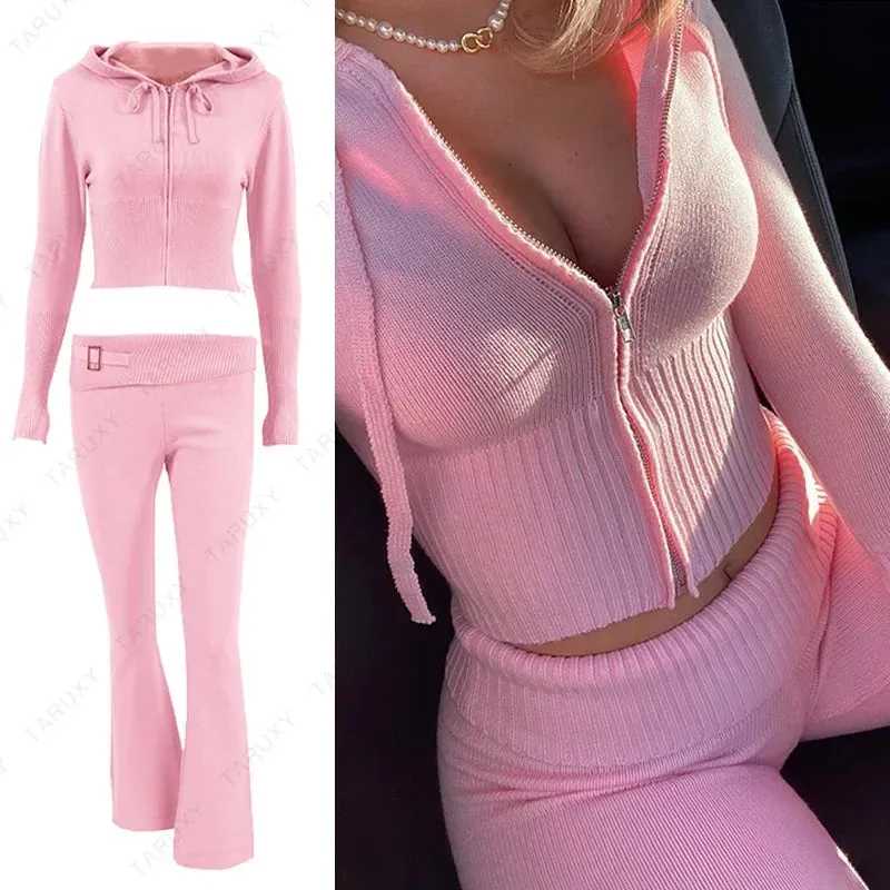 JazzHer 2024 Fall Fashion Women Spring Outfits Casual Zipper Sweater Hoodie Set High Waist Flare Pants Suits Pink Knitted Womens Y2k Two Piece Set
