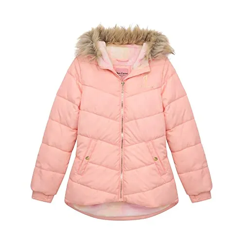 Juicy Couture Girls Puffer Jacket, Novelty Fur Lined Bubble Kids Coat with Tie Dye Interior, Pink, Medium