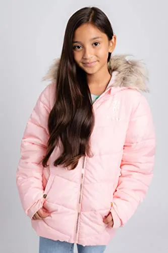 Juicy Couture Girls Puffer Jacket, Novelty Fur Lined Bubble Kids Coat with Tie Dye Interior, Pink, Medium