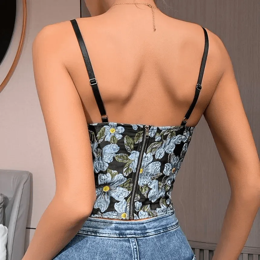 KittenAlarm - Jolene Spaghetti Strap Floral Crop Corset Top