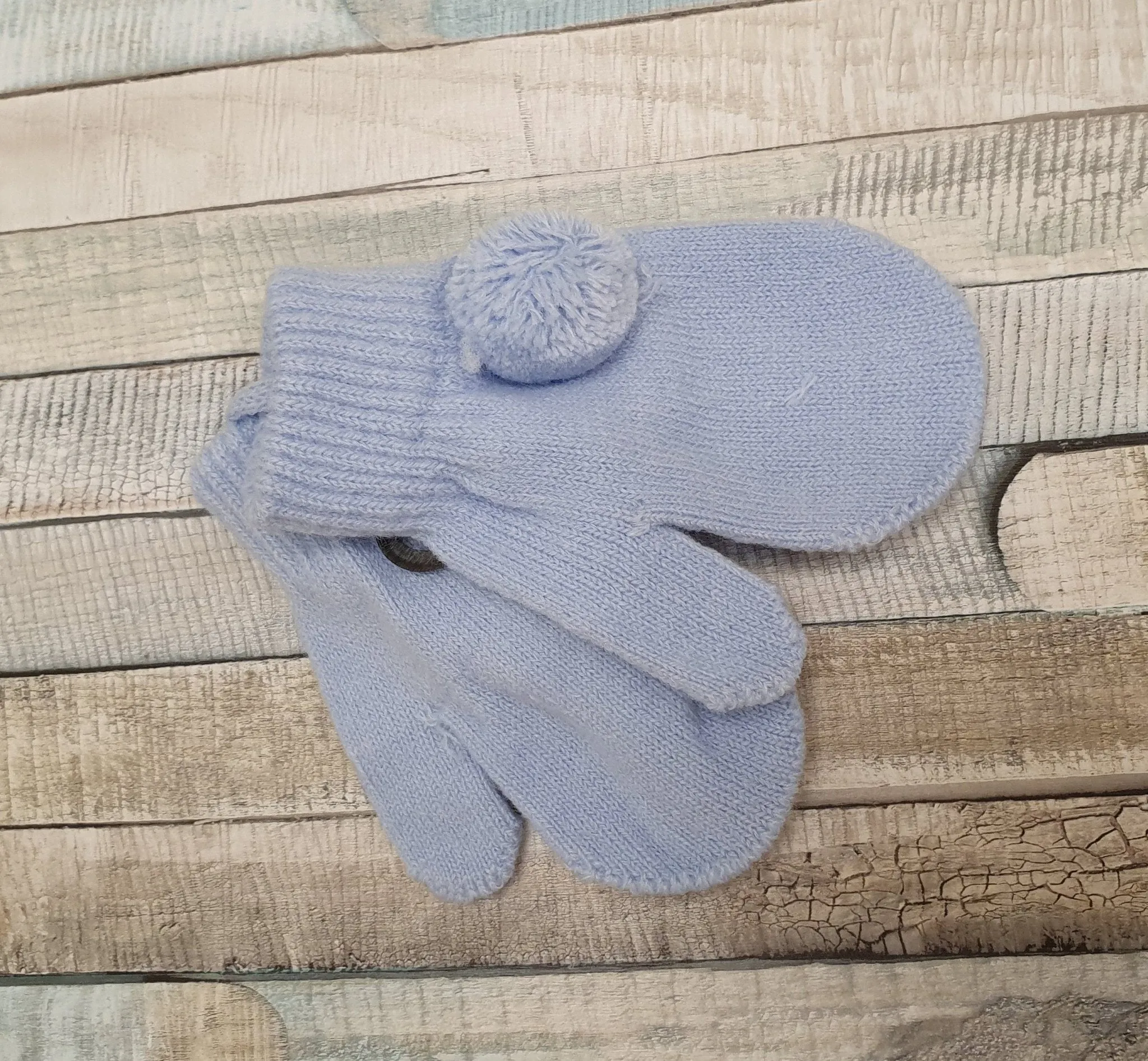 Knitted Baby Mittens With Pom Pom